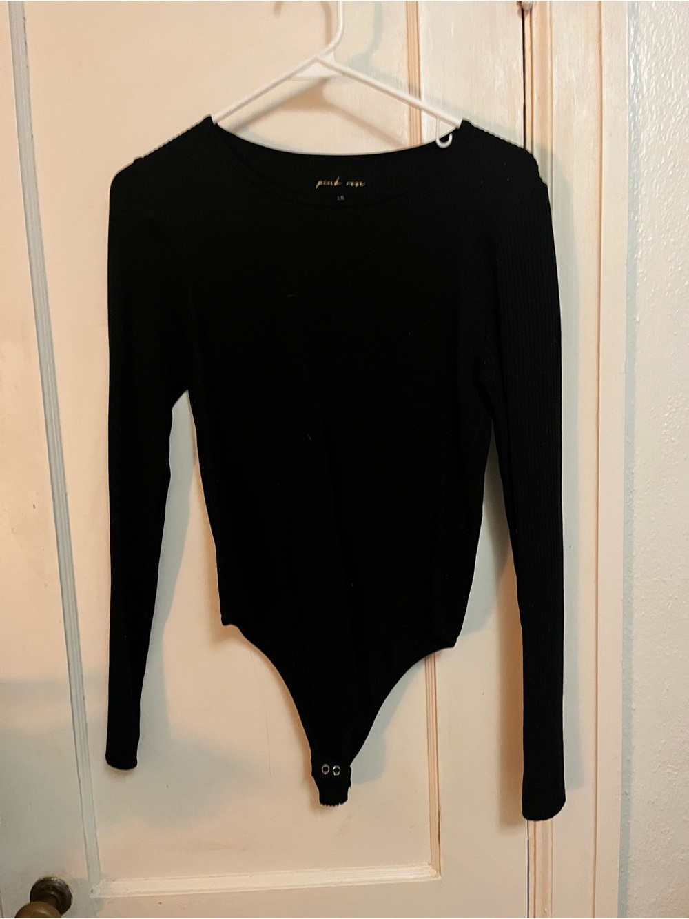 Pink Rose Black Ribbed Long-Sleeve Scoop Neck Bodysuit
